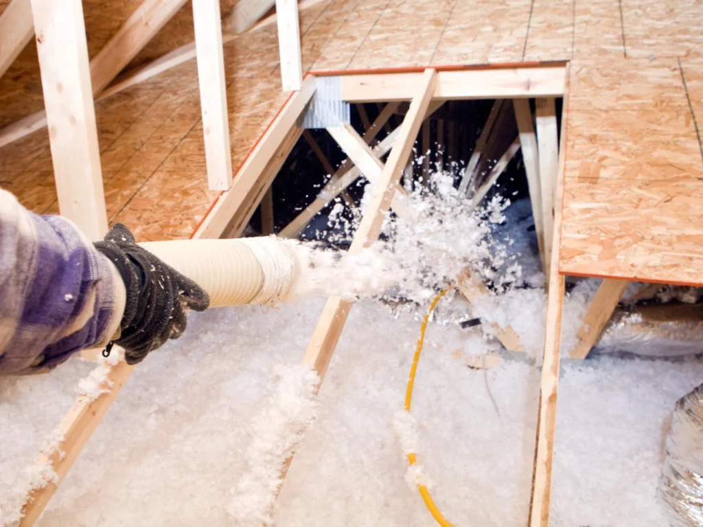 Spray foam insulation being applied to an attic, sealing hard-to-insulate areas and improving energy efficiency in Michigan homes.
