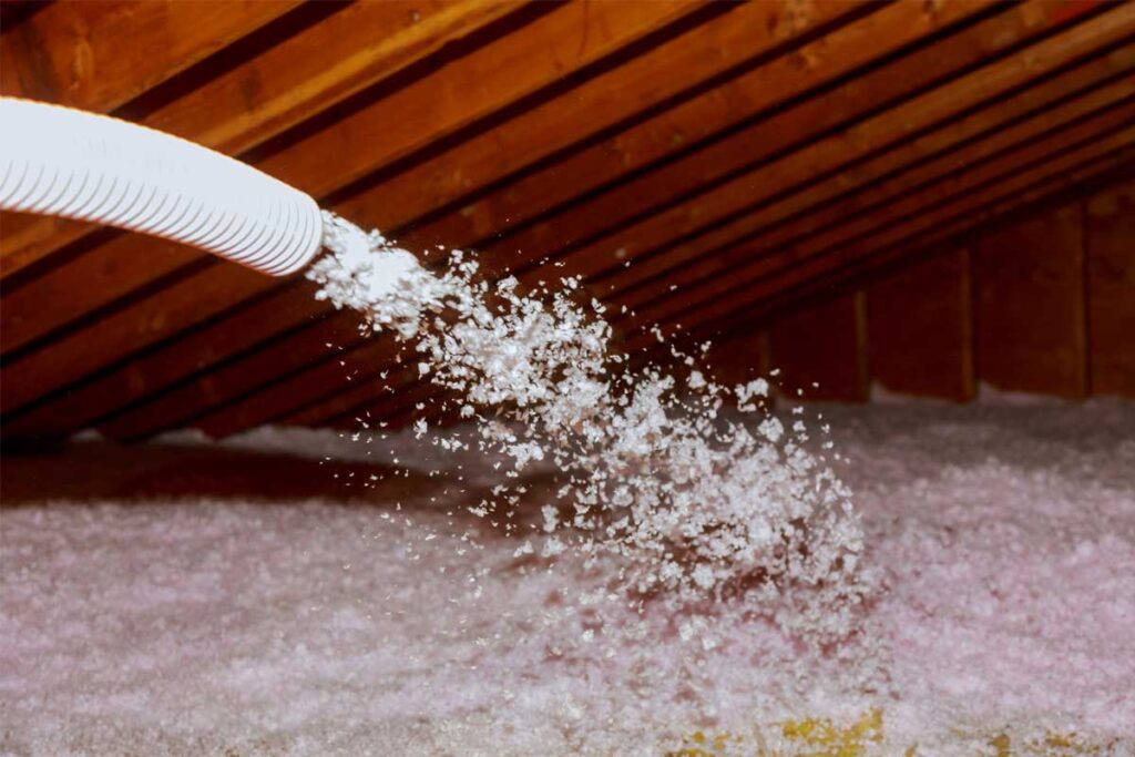 Blown-in spray foam insulation installation in a Michigan attic, sealing gaps and improving energy efficiency.
