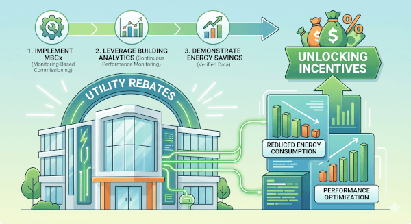 Rebate optimization process demonstrating energy savings and unlocking incentives for utility rebates.