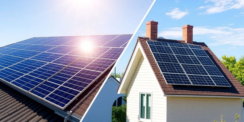 Residential and commercial homes with solar panel installations for energy efficiency.