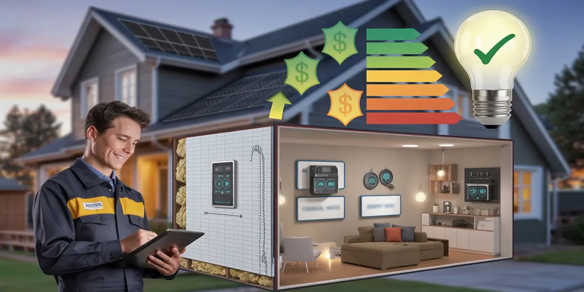 Whole-home energy assessment illustrating savings and upgrades with rebate-funded options.